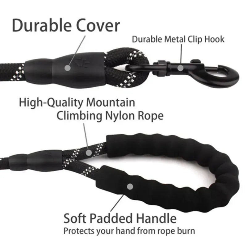 Reflective Dog Leash With Comfortable Padded Handle - Double Heavy Duty Traction Rope For Strong Dogs - Enhance Safety And Contr